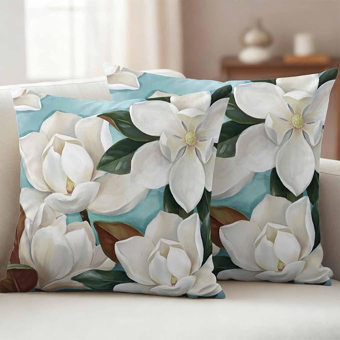 Outdoor Pillow Covers Waterproof, Close-up Blooming White Magnolia with Green Leaves All Weather Cushion Case Set of 2, Oil Painting Flower Decorative Pillowcases for Sofa Patio Furniture 20"x20"