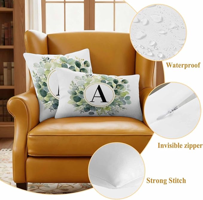 Letter A Waterproof Outdoor Pillow Covers Set of 2 Home Decor, Alphabet Green Eucalyptus Leaves Pillowcase Patio Pillow Covers for Couch Bench Patio Furniture Garden 18x18in