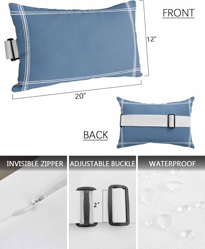 Chaise Lounge Chair Pillow with Strap & Insert Solid Color Outdoor Recliner Head Pillow Pack of 2 Royal Blue Waterproof Headrest Patio Lumbar Pillow for Beach Pool Office Chair 12x20 Inch