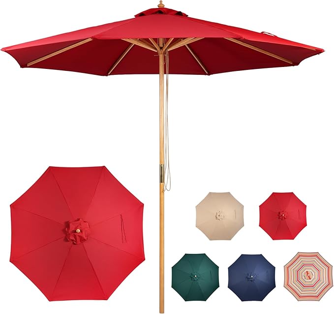 9ft Wooden Umbrella, Outdoor Patio Umbrella, Wood Market Umbrella, Patio Umbrella Wood Pole with Pulley Lift for Garden, Yard, Deck, Pool, Market