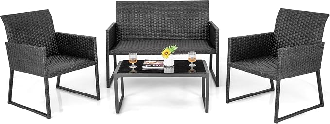 Tangkula 4 Pieces Wicker Patio Furniture Set with Quick Dry Foam, Patiojoy All Weather Resistant Outdoor Conversation Set, for Backyard, Poolside, Deck, Balcony, Garden (1, Mix Brown)