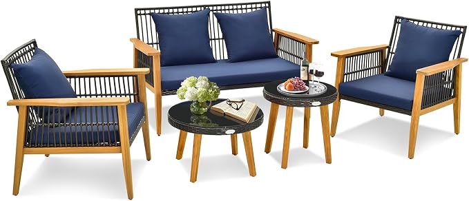 Tangkula 5 Piece Outdoor Conversation Set, Patiojoy Rattan Chair Set with 2 Coffee Tables, Stable Acacia Wood Frame, Cozy Seat & Back Cushions, Patio Wicker Furniture Set for Backyard, Poolside (Navy)