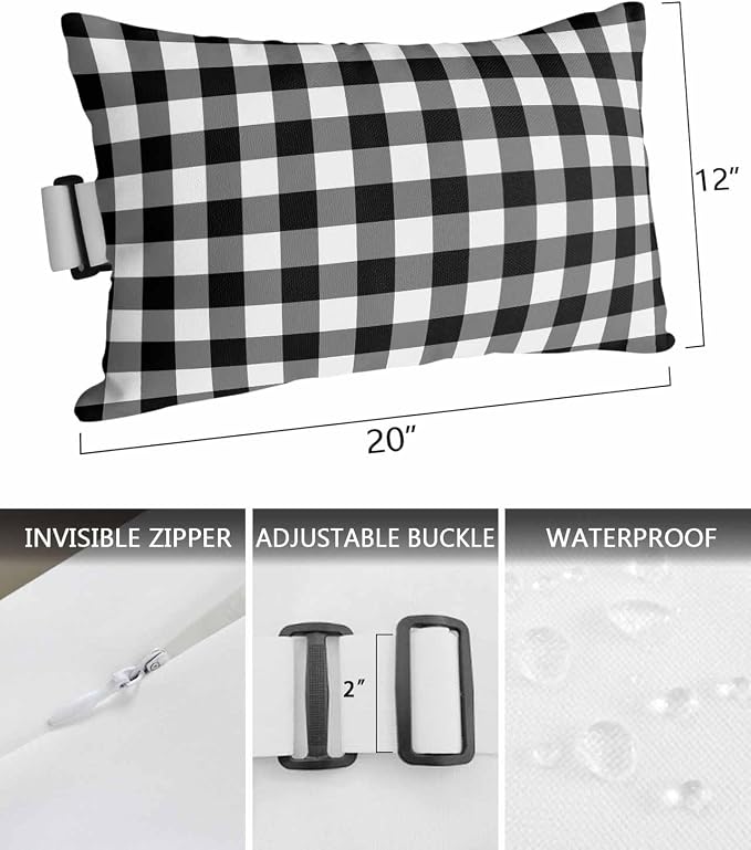 Pack of 4 Outdoor Lumbar Pillow Covers 12x20 Inch, Black White Plaid Waterproof Throw Pillow Covers Set, Gradient Geometric Buffalo Checkered Indoor&Outdoor Cushion Cases for Patio Porch Beach