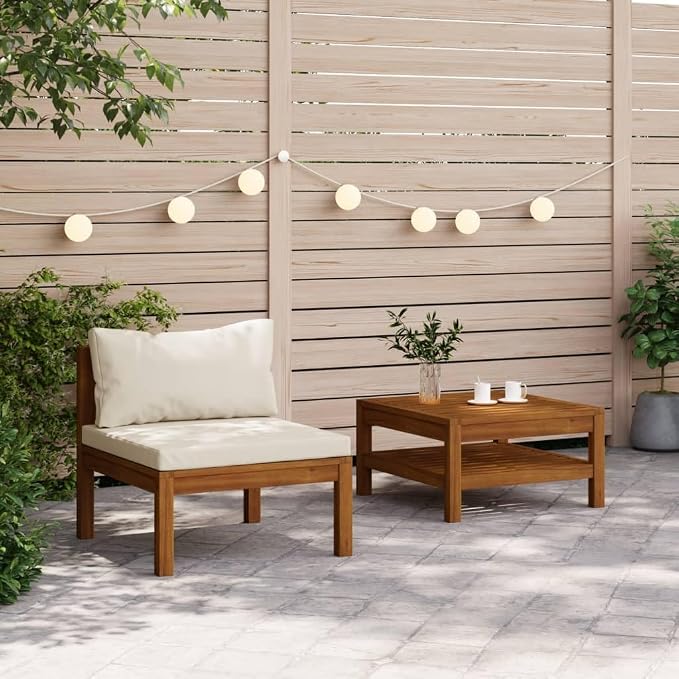 2 Piece Patio Sofa Set with Cream White Cushions, Acacia Wood Outdoor Conversation Set Sectional Sofa with Middle Sofa, Coffee Table for Garden, Patio, Balcony,-424