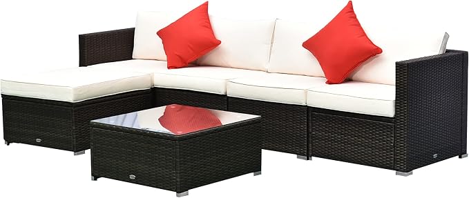 Outsunny 6 Piece Patio Furniture Set Outdoor Wicker Conversation Set All Weather PE Rattan Sectional Sofa Set with Ottoman, Cushions and Tempered Glass Table, Mixed Brown and Cream White