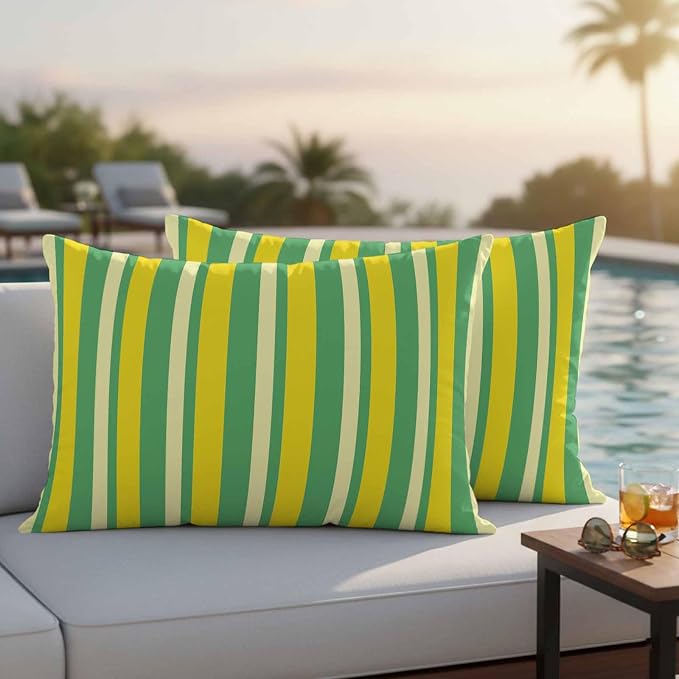 Lemon Green Yellow Outdoor Pillow Covers 20x12 Inch Lumbar Pillow Covers Set of 2 Waterproof Decorative Throw Pillow Cases Summer Modern Farmhouse Striped Cushion Covers for Patio Furniture Garden