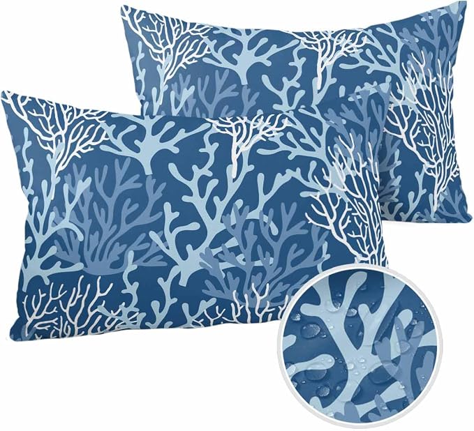 Pack of 2 Outdoor Pillow Covers 20x12 Waterproof Navy Blue Coral Throw Pillow Covers, Decorative Pillowcases Summer Coastal Beach Ocean Cushion Covers for Patio Garden Couch Pillow Case