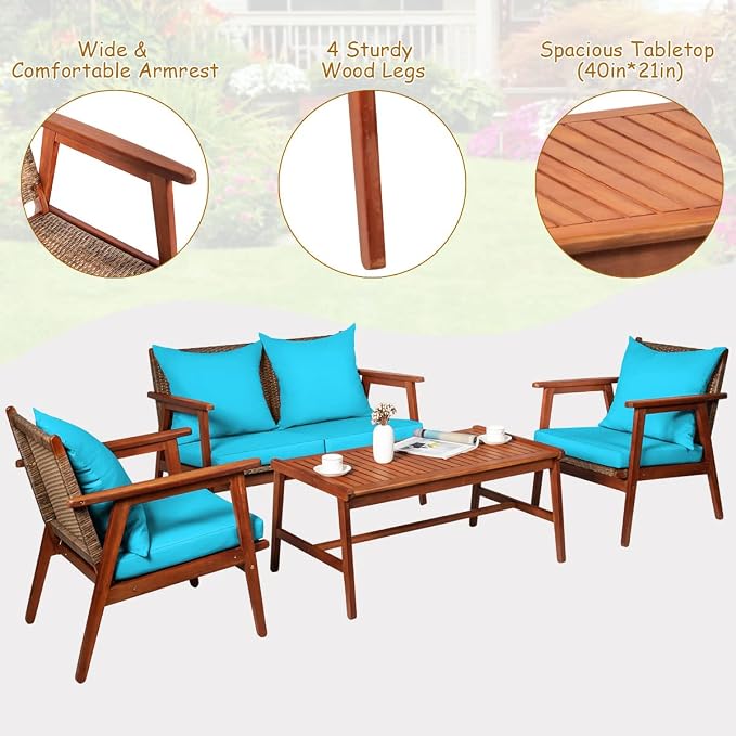 Tangkula 4 PCS Patio Wood Sofa Set, Outdoor Acacia Wood Seating Chat Set with Cushions & Coffee Table, Sectional Conversation Sofa Set for Garden, Backyard, Poolside (1, Turquoise)