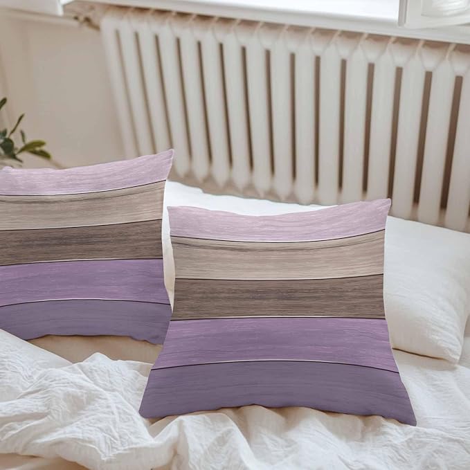 Outdoor Throw Pillow Covers 16X16 Set of 2 Waterproof Ombre Lavender Purple Brown Decorative Zippered Cushion Covers for Patio Furniture, Farmhouse Retro Rustic Barn Wood Texture Lumbar Pillowcases