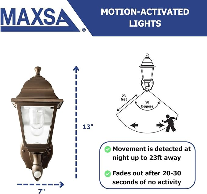 MAXSA 46219 Battery-Run Motion-Activate Outdoor Metal Wall Sconce Bronze | Metal and Glass Battery-Powered, No Wiring Needed, 13x8.5x6" Automatic Operation, Easy Installation Bronze Cool White LEDs