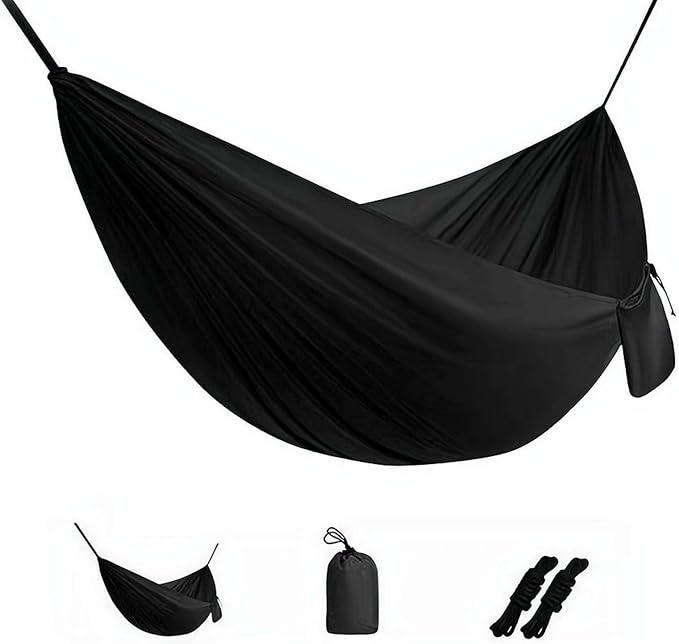 Camping Hammock Lightweight Portable Double Swing with 2 Tree Straps, Heavy Duty Parachute Nylon Bed for Backpacking Hiking Beach, Outdoor Essentials for Backyard Patio Camping Gear (Black)