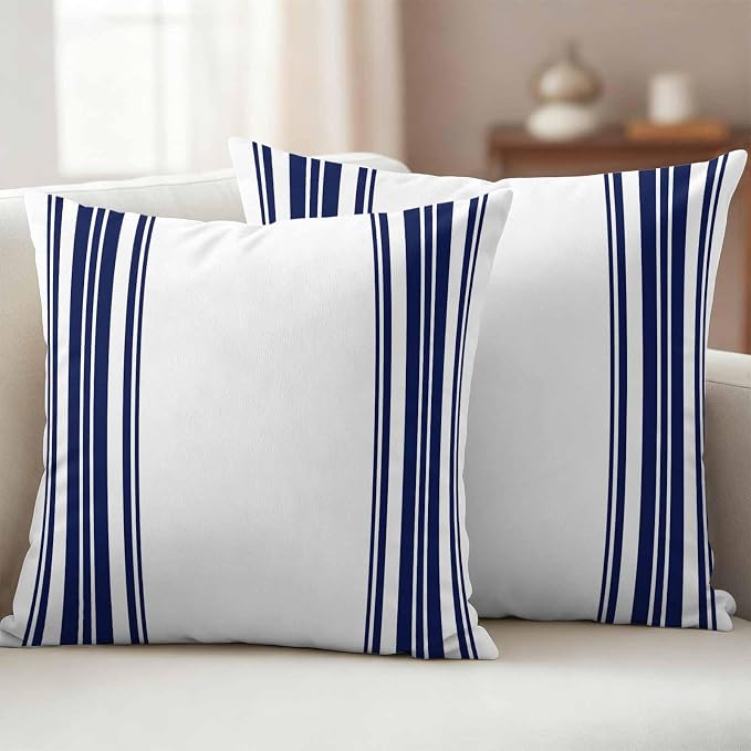 Navy Blue and White Striped Outdoor Pillow Covers Set of 2 Modern Minimalist Vertical Lines Waterproof Throw Pillow Cover Decorative Cushion Cases for Patio Porch Garden 18X18 Inch