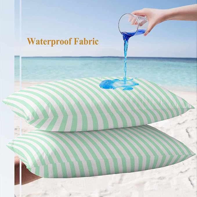Lumbar Pillow Covers 20x12 Inch Set of 2, Green White Stripe Waterproof Outdoor Cushion Covers, Modern Minimalist Geometric Striped Decorative Pillowcases for Couch, Sofa, Bed, Garden, Patio