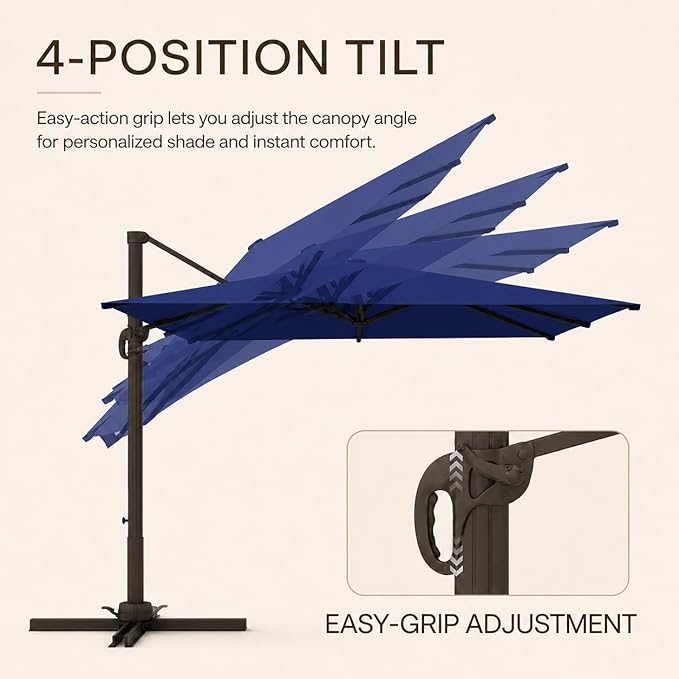 Kingdura 10x10 FT Cantilever Patio Umbrella with Base Included, Large Square Aluminum Offset Outdoor Pool Umbrella, 360° Rotation & 4-Position Tilt, UV Protection for Deck Backyard, Navy blue