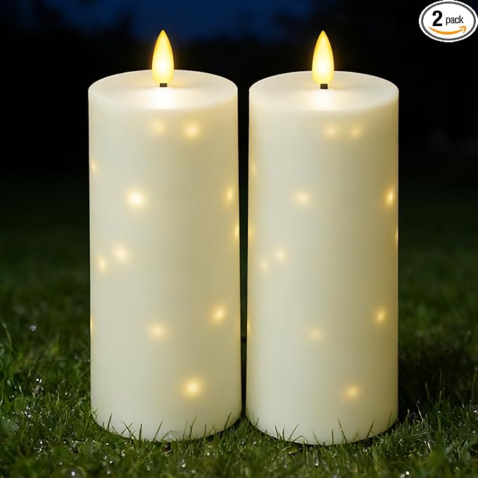 kakoya Large Solar Flameless Candles Outdoor Waterproof 10" x 4",2Pcs LED Pillar Candles Included Rechargeable Solar Battery with Embedded Star String for Outdoor Porch,Patio Decor(White)
