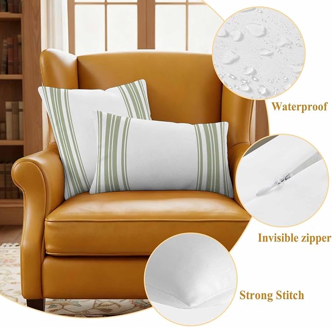 Outdoor Waterproof Throw Pillow Covers Set of 2 Sage Green Stripes Pillowcases 24x24 Inches White Vertical Striped Decorative Pillows Cushion Case Patio Pillows for Couch Bed Chair Garden