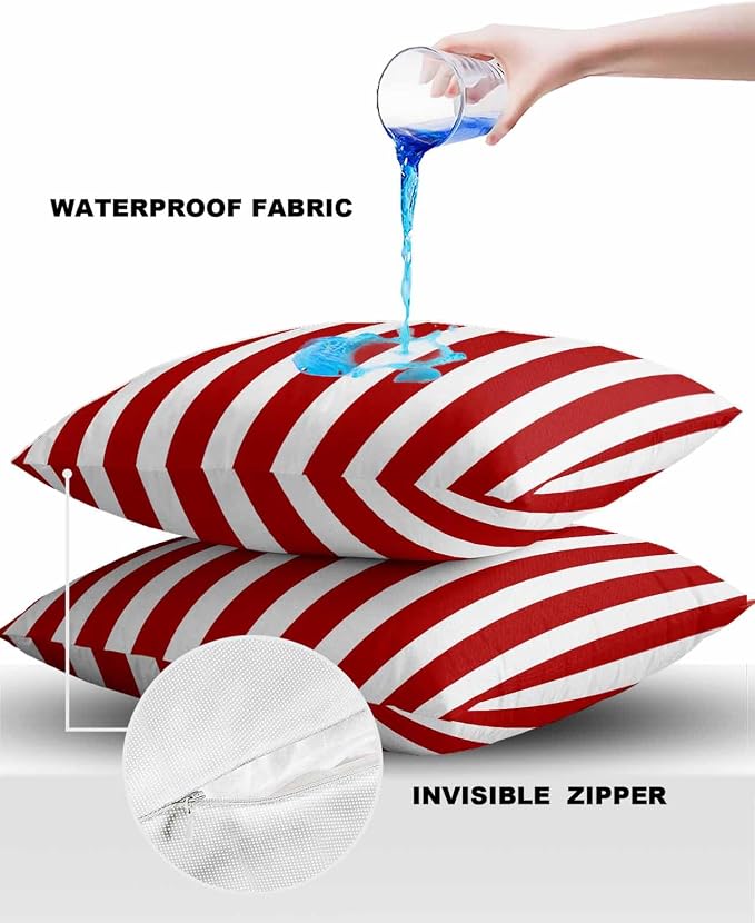 Outdoor Waterproof Throw Pillow Covers 24x24in, Red Stripes Cushions for Garden Patio Furniture Chairs Set of 2, Geometric Christmas Home Decor Couch Sofa Polyester Pillow Cases