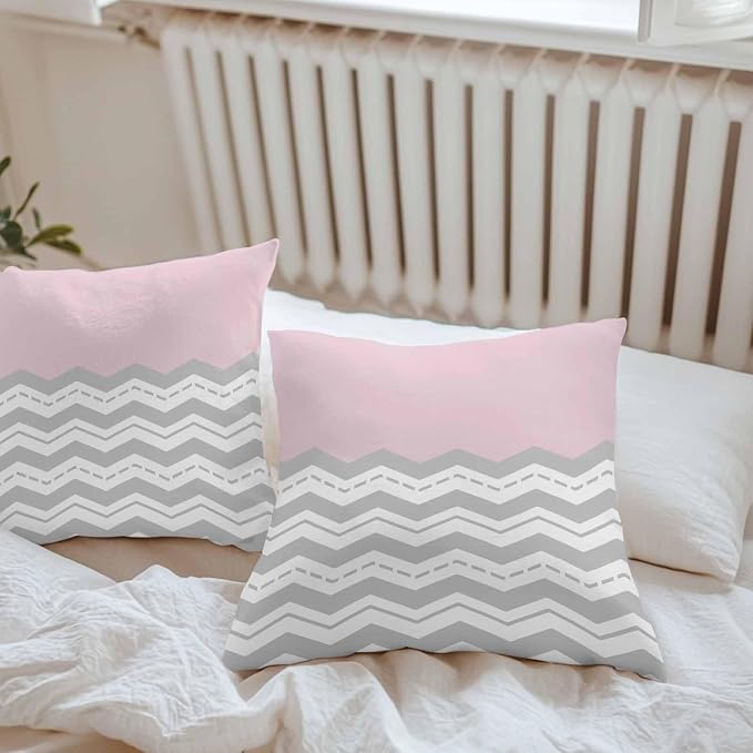 Grey Chevron Waterproof Outdoor Pillow Covers Set of 2 Home Decor, Geometric Pink Print Wavy Striped White Pillowcase Patio Pillow Covers for Couch Bench Furniture Garden 26x26in