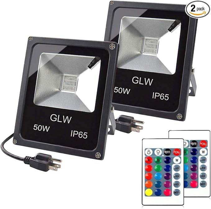 LED RGB Flood Light, 50W Outdoor Color Changing Lights with Remote Control, IP65 Waterproof Dimmable Wall Washer Light, Flood Lamp 16 Colors 4 Modes with US 3-Plug(2 Pack)