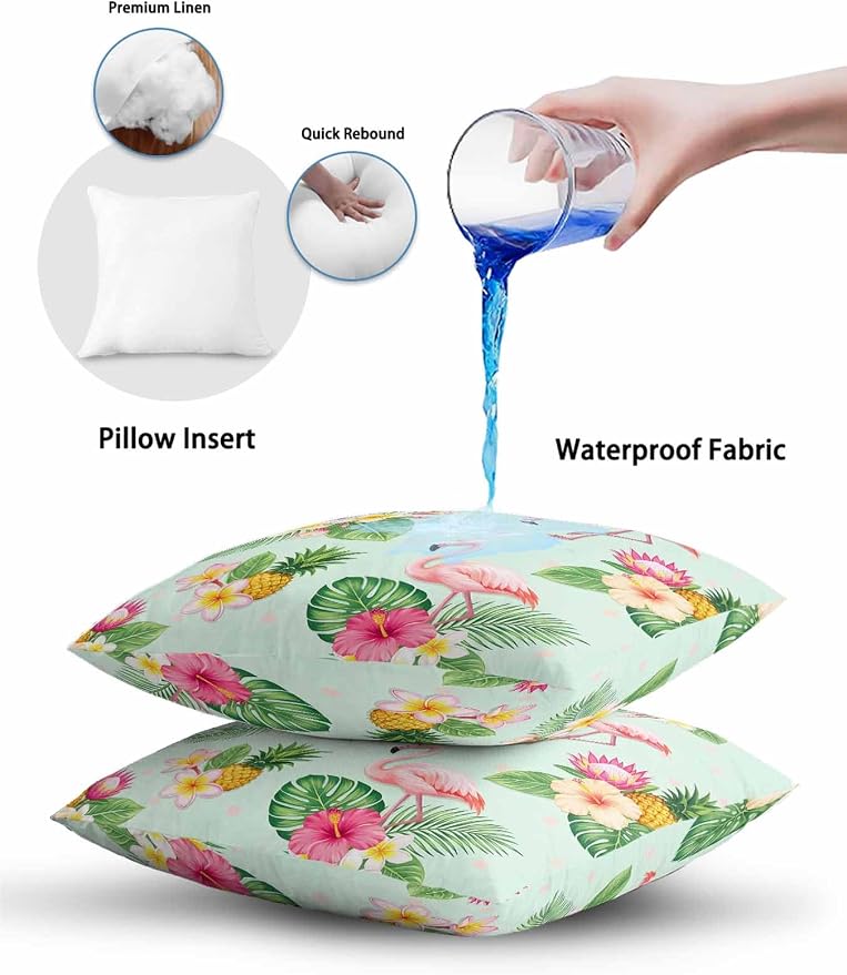 Outdoor Waterproof Throw Pillows 18x18in, Summer Flamingos Tropical Leaf Patio Pillows Pack of 2, Decorative Pillow Covers with Insert, Pillow Cushion Case for Garden Couch Sofa Pink Flower Pineapple