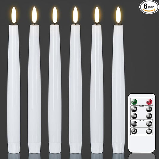 GenSwin LED Taper Candles with Remote Timer, White Flickering Flameless Taper Candles Battery Operated, Real Wax Flameless Candlesticks for Halloween Christmas Decorations(Set of 6, 0.78” x 9.84”)