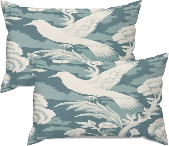 Zipped Pillow Cases for Home Decor Blue Turquoise and White Birds Plant Throw Pillow Cover Set of 2 Farmhouse Cushion Cover Cases for Living Room Club Home Decor 12x18in