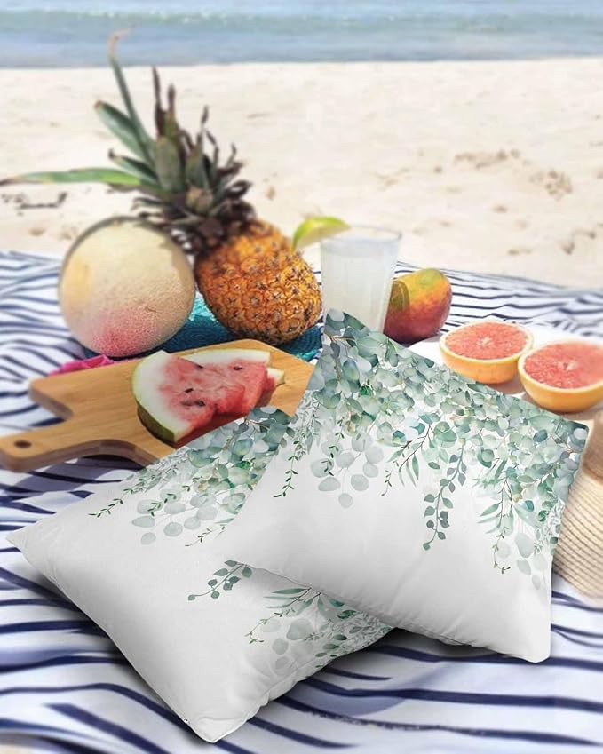Eucalyptus Leaves Outdoor Pillow Covers Pack of 2, Watercolor Green Plants Waterproof Pillow Covers Seasonal Spring Summer Throw Pillowcase for Patio Funiture Garden Tent, 18 x 18 inch