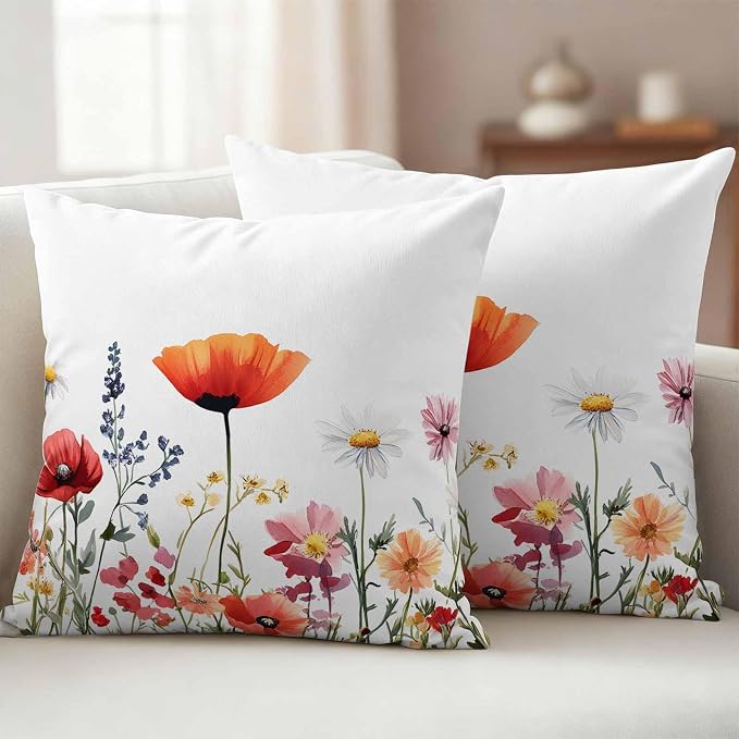 Pastoral Flowers Outdoor Waterproof Throw Pillow Covers Set of 2, 20"x20", Colorful Daisy Floral Leaves Watercolor Decorative Pillow Covers Outside Cushion Case for Patio Porch Garden