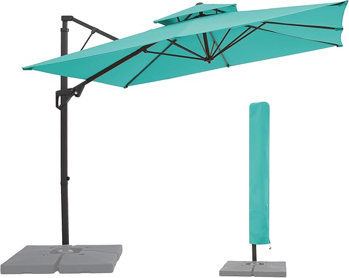 JEAREY 10ft 2-Tier Cantilever Patio Umbrella, Large Square Outdoor Offset Umbrella with Double Top Vent and 360-degree Rotation for Garden, Deck, Pool, Patio, Peacock Blue