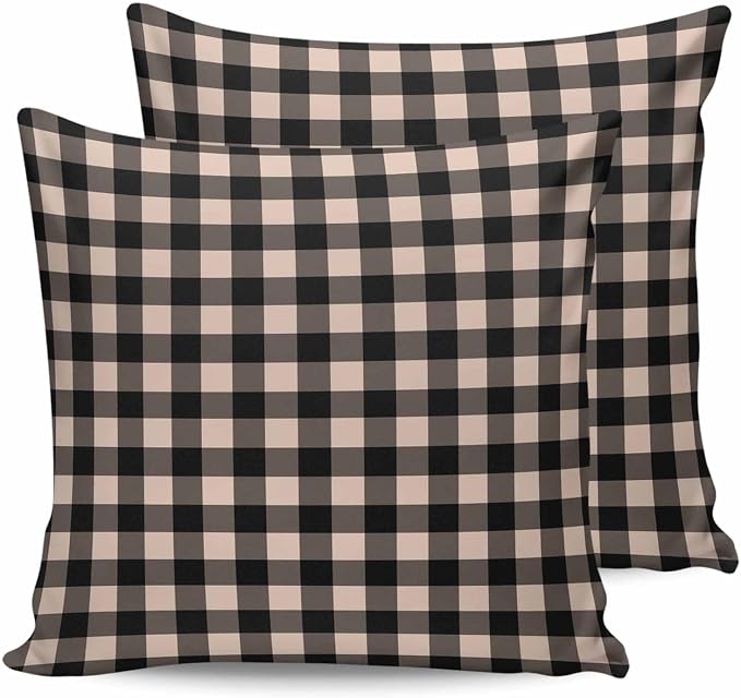 Outdoor Waterproof Throw Pillow Covers Set of 2 Beige Buffalo Plaid Pillowcases 24x24 Inches Pastoral Black Checked Decorative Pillows Cushion Case Patio Pillows for Couch Bed Chair Garden