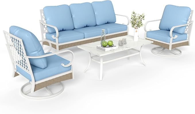 MIXPATIO 4 Piece Patio Furniture Set, 2 x Swivel Chair, 1 x 3-Seat Sofa with Marbling Coffee Table, All Cushioned 5 Seats Outdoor Conversation Set for Lawn Garden Backyard, Blue