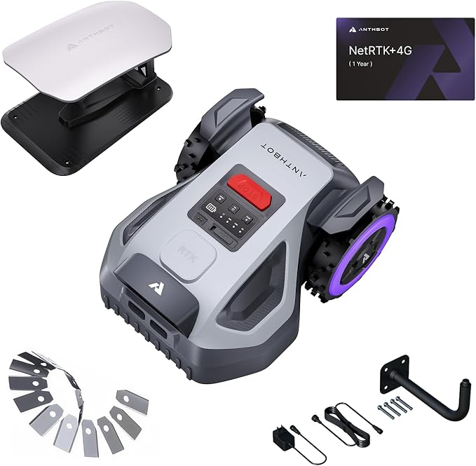 ANTHBOT M9 Pre-Order Set, Robot Lawn Mower Perimeter Wire Free. Includes Garage, NetRTK, 4G Service, RTK Wall Mount Kit, 15pcs Blades. Automatic Mapping Zone Division, 1/4 Acre, 45% Slope