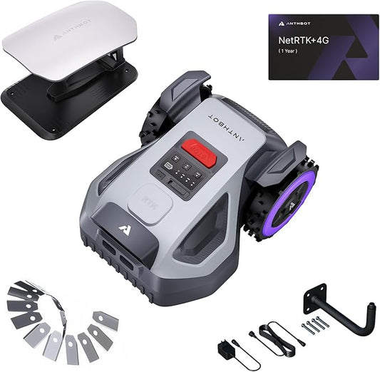 ANTHBOT M9 Pre-Order Set, Robot Lawn Mower Perimeter Wire Free. Includes Garage, NetRTK, 4G Service, RTK Wall Mount Kit, 15pcs Blades. Automatic Mapping Zone Division, 1/4 Acre, 45% Slope