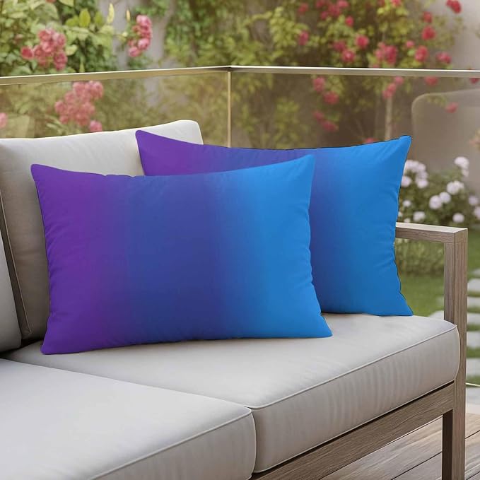 Purple Blue Ombre Outdoor Pillow Covers Waterproof, All Weather Cushion Case Set of 2, Modern Color Gradient Striped Lumbar Pillowcase for Sofa Couch Bed Decor Patio Furniture 20"x12"