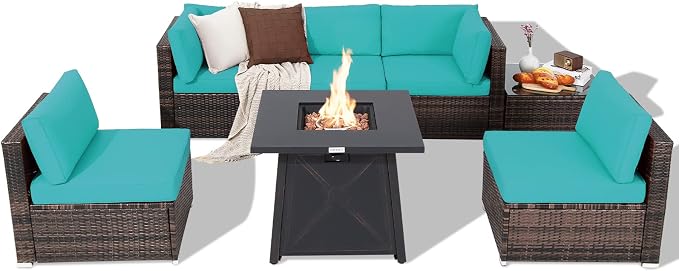 Tangkula 7 Piece Patio Furniture Set w/Fire Pit Table, Patiojoy Outdoor Rattan Conversation Sofa Set w/30 Square Propane Fire Pit Table, 50,000 BTU Heat Output, Protective Cover Included (Turquoise)