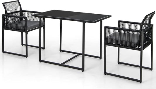 DORTALA Wicker Outdoor Bistro Set 3 Piece, Small Patio Furniture Dining Set with with Cushions, Tempered Glass Tabletop, All- Weather Table and Chairs for Backyard, Balcony, Poolside, Black+Grey