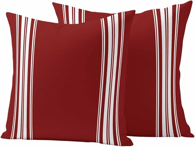 Outdoor Pillow Covers 16x16 Set of 2 Burgundy Red Stripe Outdoor Pillows Waterproof Throw Pillow Covers French Stripe Farmhouse Style Pillowcases Decorative Case for Patio Cushion