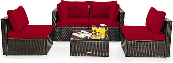Tangkula 5 Pieces Patio Furniture Set, All Weather Wicker L-Shaped Corner Sofa Set w/Soft Cushions, Outdoor Sectional Conversation Couch Set w/Glass Table for Backyard Garden Poolside (Red)