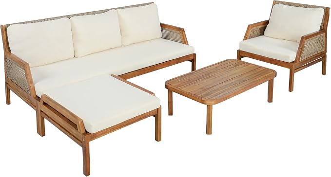 Christopher Knight Home Zura 4 Piece Patio Furniture Set with Removable Cushion, Outdoor Acacia Wood Conversation Set with Ottoman, Outdoor Sectional Sofa Set with Coffee Table, Teak+Cream