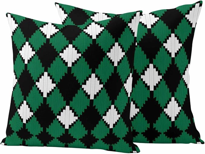 Vintage Rhombus Outdoor Waterproof Throw Pillow Covers Set of 2, 26"x26", Green Black White Decorative Pillow Covers Outside Cushion Case for Patio Porch Garden