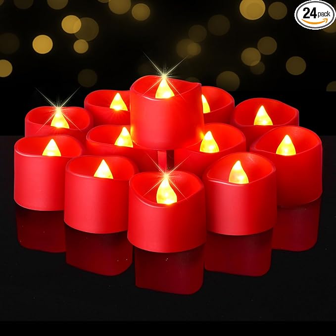 Raycare 24 Pack Red Battery Operated Tea Lights, 200+Hour Electric Flickering Flameless Candles, Realistic Votive LED Tea Lights for Wedding Party Table Halloween Christmas Decorations