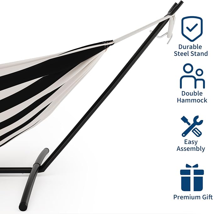 Double Hammock with Foldable Steel Stand and Carry Bag, 450LBS Weight Capacity Indoor Outdoor Standing Hammock, Portable Cotton Hammock for Garden Patio Camping Beach