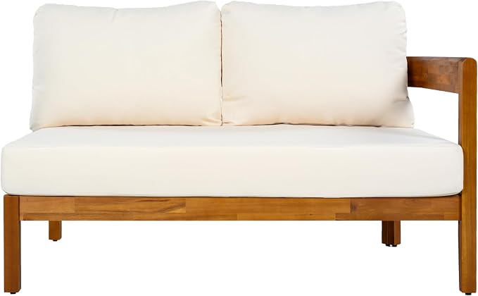 Acacia Wood L-shaped Outdoor Corner Sofa, Patio Conversation Furniture Set With 6 Soft Seat Cushions and Backpack , All Weather Outdoor Patio Sofa with Arc frame for Backyard, Garden (White-3.20)