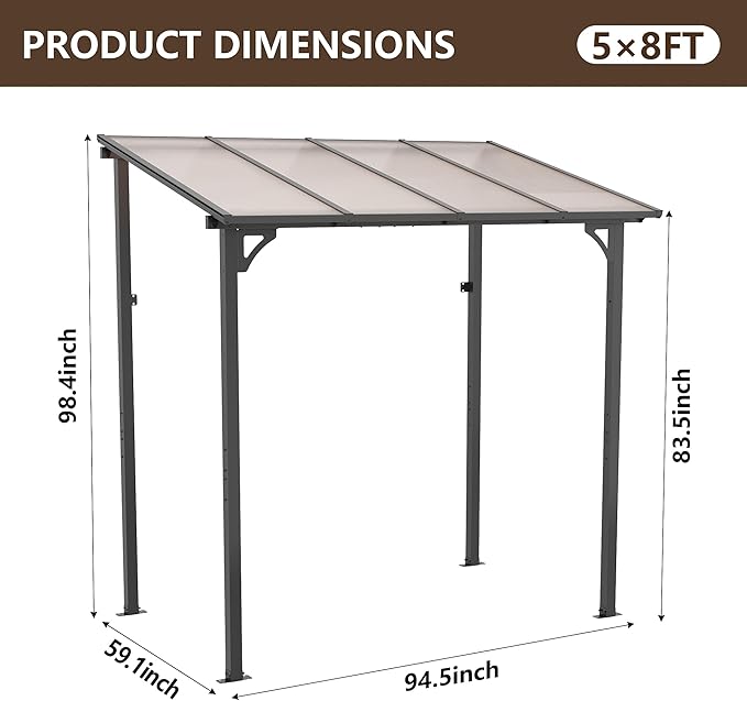 5' x 8' Lean to Gazeb,Hardtop Galvanized Steel Pergola with Sloped Polycarbonate Roof,Wall Mounted Gazebo Patio Canopy with Ground Anchor for Backyard Deck