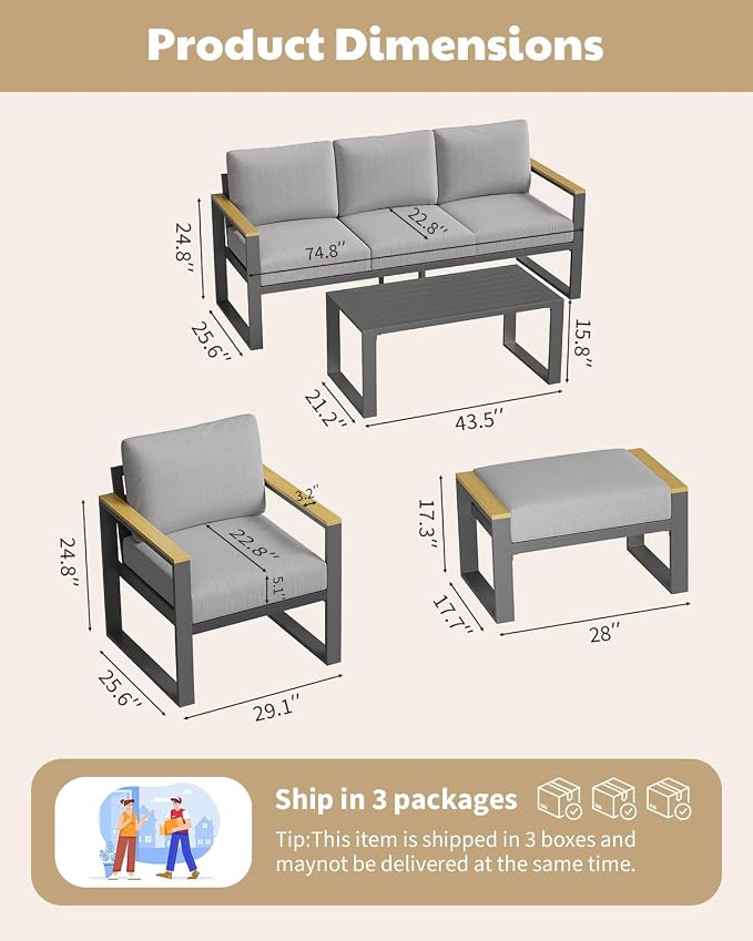 Modern Aluminum Patio Chair Set - All-Weather Metal Outdoor Furniture with Thick Washable Cushions - Includes 3-Seat Sofa and Coffee Table - Ideal for Balcony, Garden, Deck, Backyard - Gray