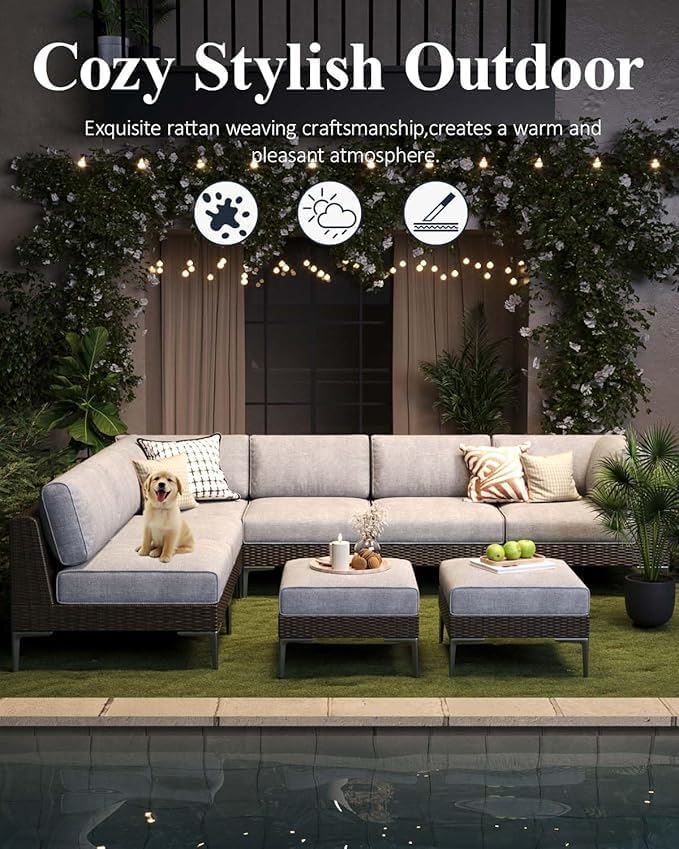 LayinSun 5-Piece Wicker Rattan Patio Furniture Set, Deep Seating Outdoor Modular Sectional Sofa Conversation Set with Thick Cushions for Lawn, Garden