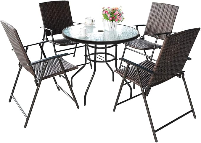 S AFSTAR 5 Pieces Patio Dining Set, 4 Folding Chairs with Table, Portable Wicker Chairs Furniture Set for Outdoor Garden Backyard (4 Chairs w/ 28''H Classic Round Table)