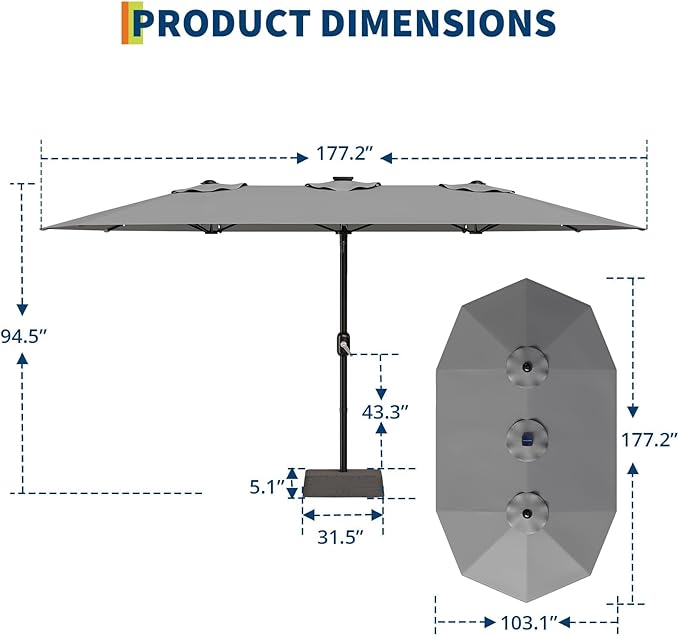 15FT Outdoor Patio Umbrella,Double-Sided Rectangle Market Umbrella with 36 LED Solar Lights & Base,UV50+ Weather-Resistant Oversized Outdoor Umbrella,Crank Lift,3-Way Shade for Pool,Garden,Backyard