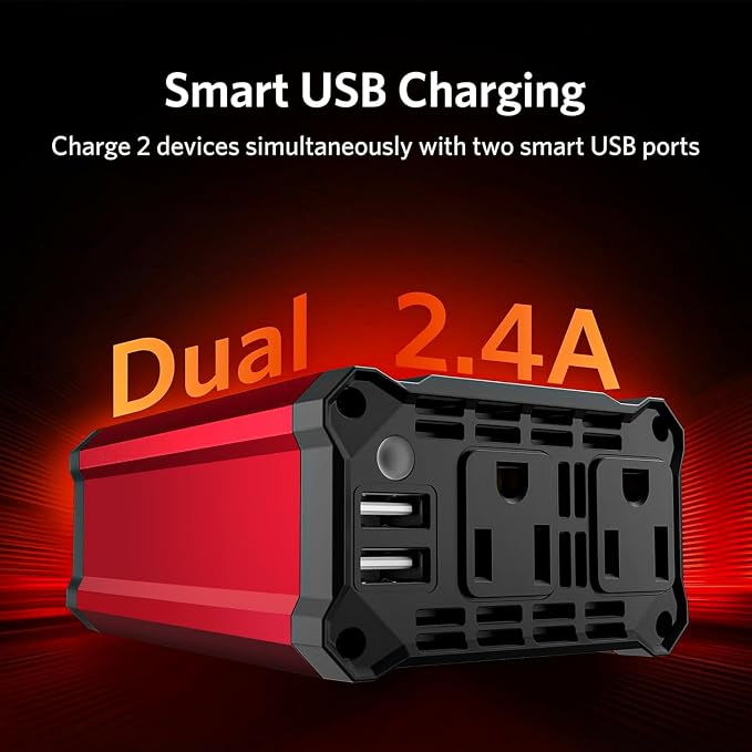 300W Car Power Inverter - vansoet DC 12V to 110V AC(2 Outlets) Power Inverters with 3.4A Dual USB Fast Charging Port - Car Charger Cigarette Lighter Adapter for Laptop/Phone/Road Trip (Red)