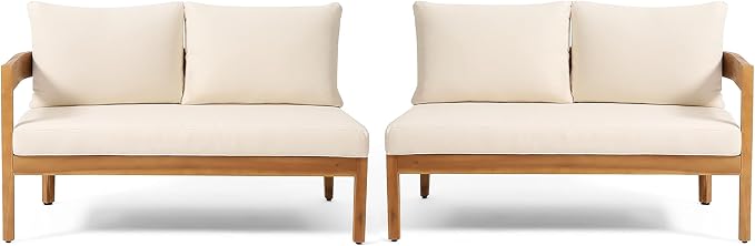 Merax 2 Piece Patio Outdoor Conversation Set, All-Weather Curved Acacia Wood 2 Loveseat Sofas with Cushions for Backyard Deck Poolside,Free Combination, Teak+ Beige
